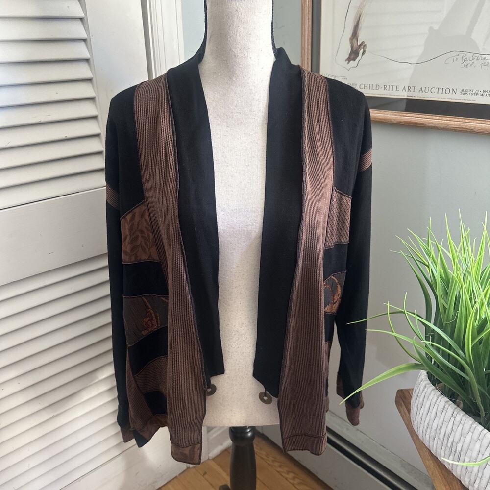 Vintage Xiao Top Womens Small Brown Colorblock Open Cardigan 90s Artsy Boho Chic